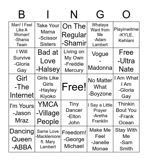 LGBTQ+ Music Bingo Card