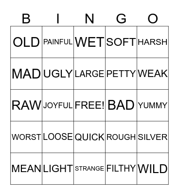 JJ'S Adjectives!!! Bingo Card