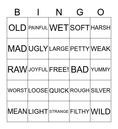 JJ'S Adjectives!!! Bingo Card