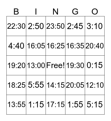 24 Hour Time  Bingo Card
