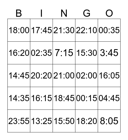 24 Hour Time Bingo Card