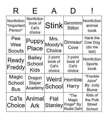 Cal's Reading Bingo Card