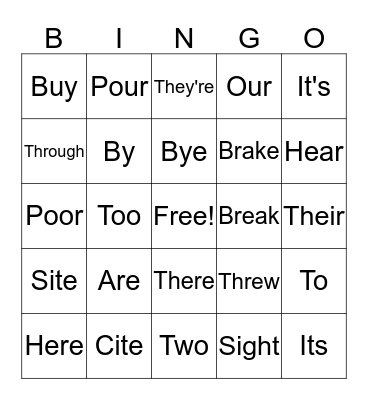 Homophones Bingo Card