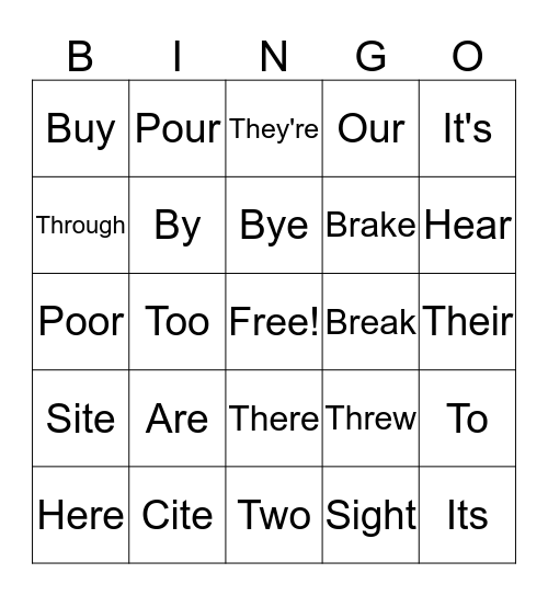 Homophones Bingo Card