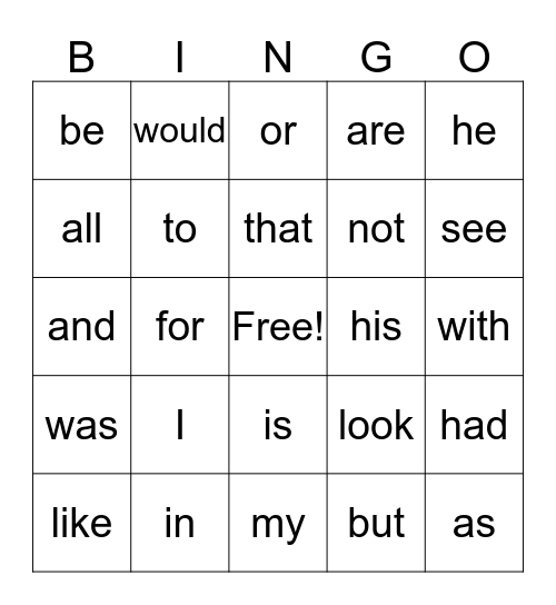 Kindergarten - No Excuse Words Bingo Card
