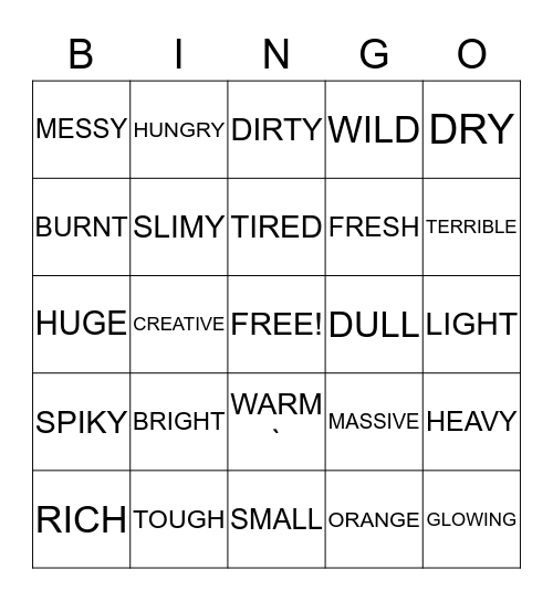 JJ'S Adjectives Bingo Card