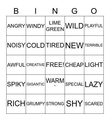 JJ'S Adjectives Bingo Card