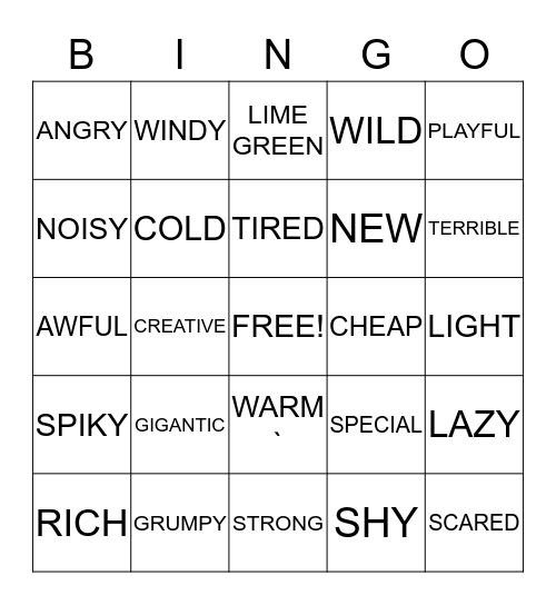 JJ'S Adjectives Bingo Card