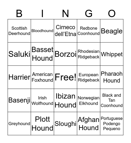 European Ridgeback Bingo Card