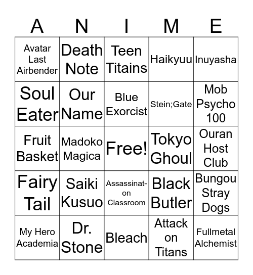 Anime Bingo Card