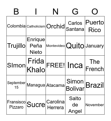 Latin American Bingo Card