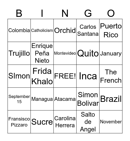 Latin American Bingo Card