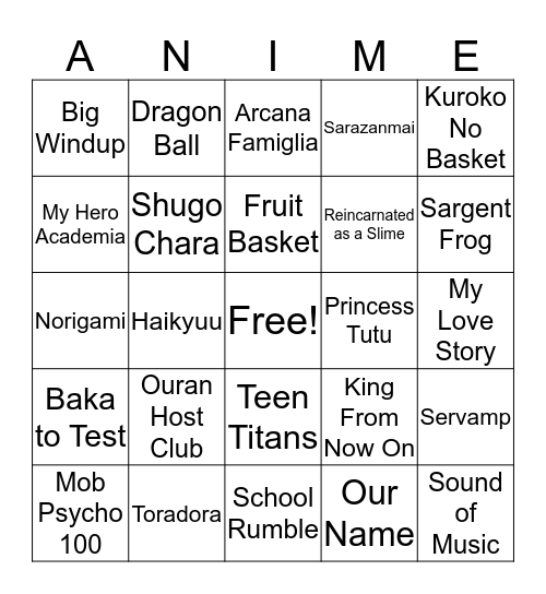 Anime Bingo Card