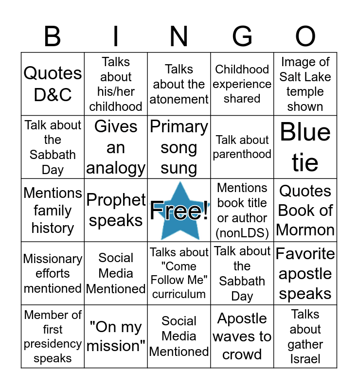 General Conference 2019 Bingo Card