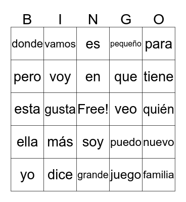 Spanish Words Bingo Card