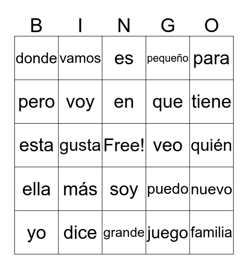Spanish Words Bingo Card
