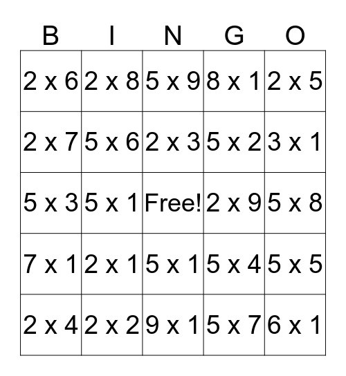 Multiplication Facts 1, 2, 5 Bingo Card