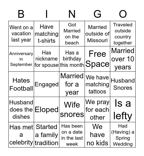 MARRIAGE  Bingo Card