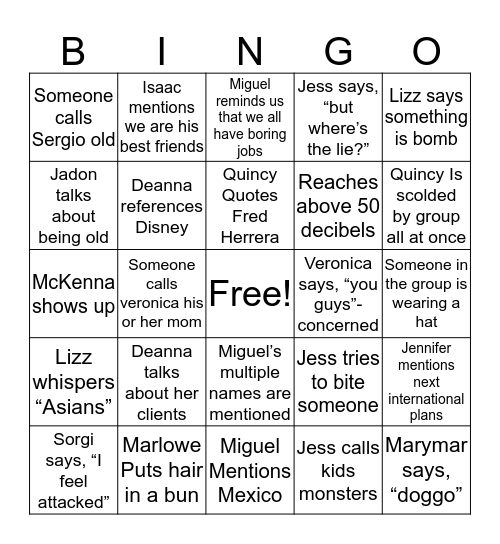 Vanessa's Amigos Bingo Card