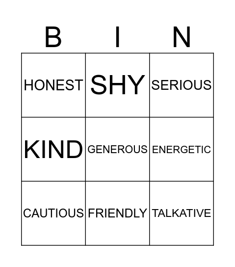 Character Adjectives Bingo Card