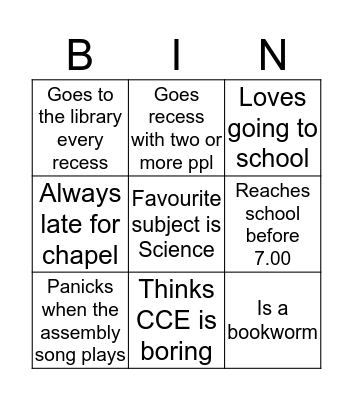 School B I N G O Bingo Card
