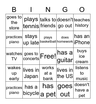 Hobbies and Weekends Bingo Card