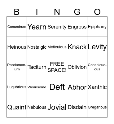 Vocabulary Bingo Card