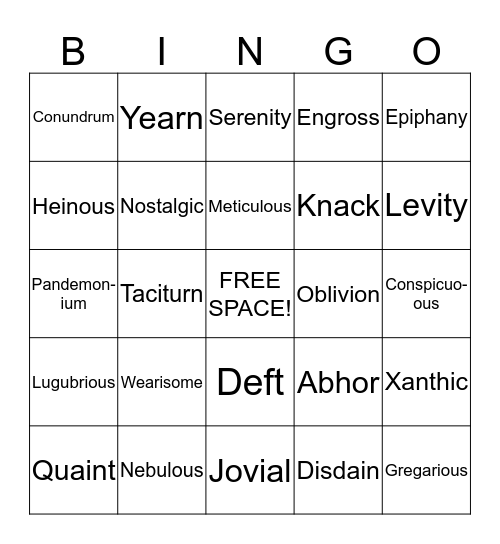 Vocabulary Bingo Card