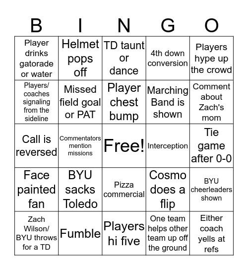 BYU Football Bingo Card
