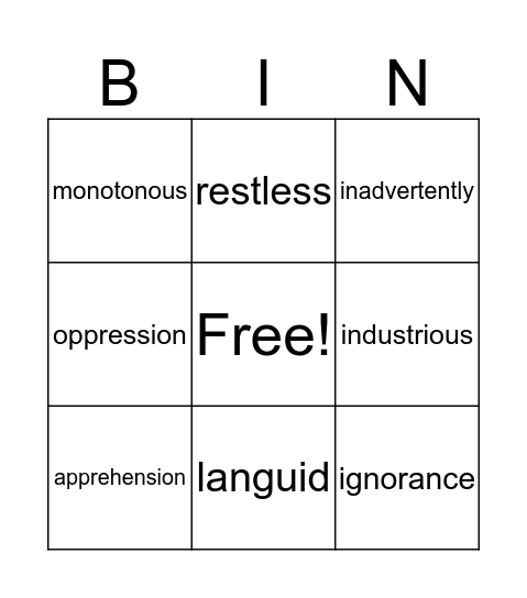 Week 9 Vocabulary Bingo Card