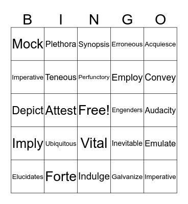 Vocabulary Bingo Card