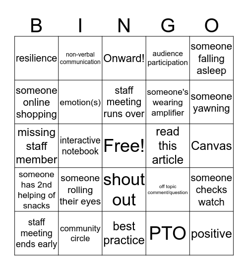 Staff Meeting Bingo Card