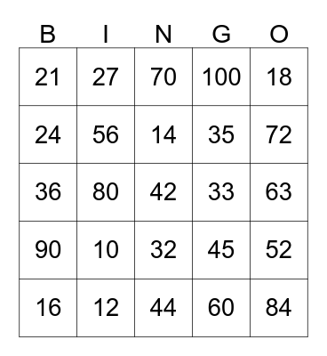 Multiplication Bingo Card