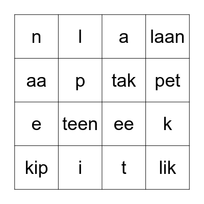 Bingo - Letters en woorden tot 'aap' Bingo Card