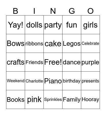 Charlotte Birthday Party Bingo Card