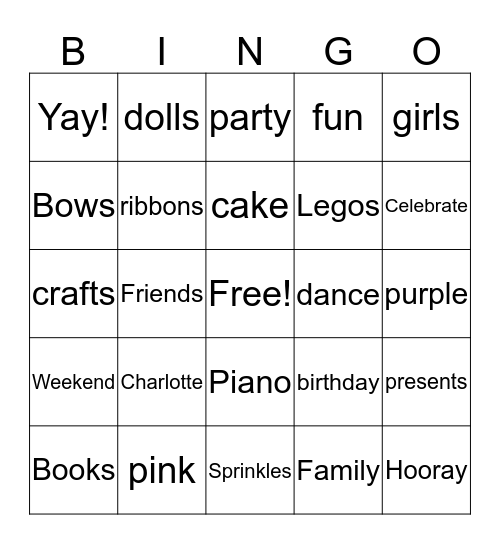 Charlotte Birthday Party Bingo Card