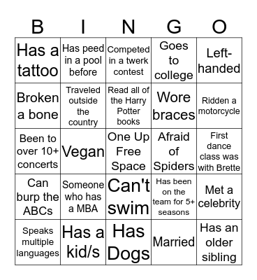 One Up Social Bingo Card