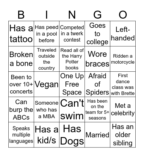 One Up Social Bingo Card