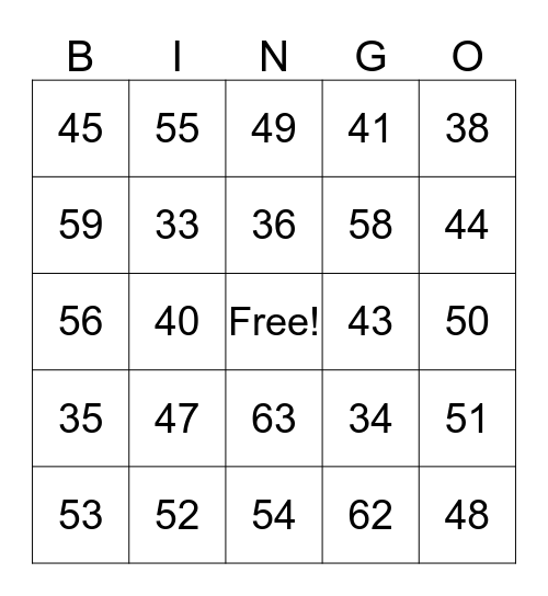 numbers 30-65 Bingo Card