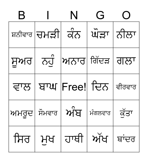 PUNJABI Bingo Card