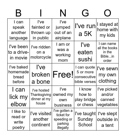 Life Experience Bingo Card