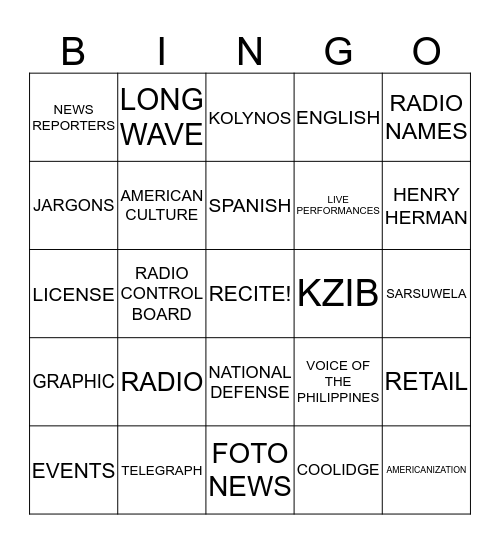 RADIO BINGO! Bingo Card