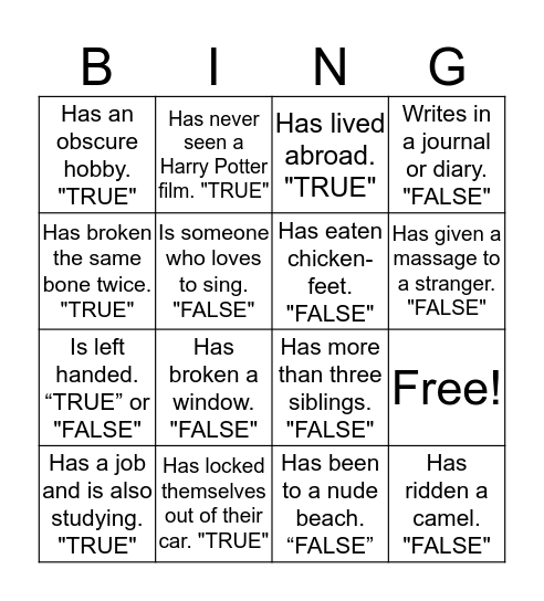 True False Bingo Card