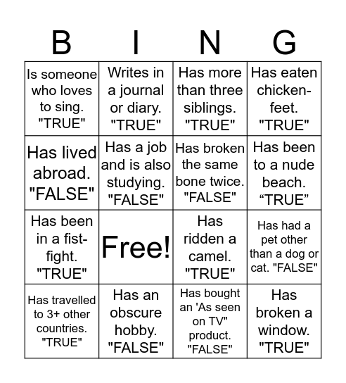 True False Bingo Card