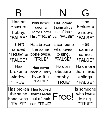 True False Bingo Card