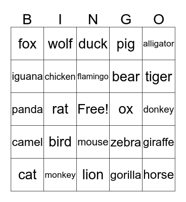 ANIMALS Bingo Card