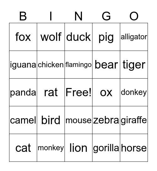 ANIMALS Bingo Card