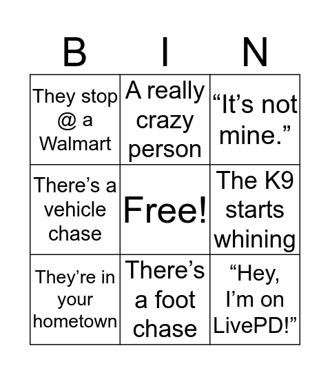 LivePD Bingo Card