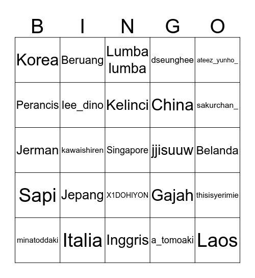 Bingo Yugo Bingo Card