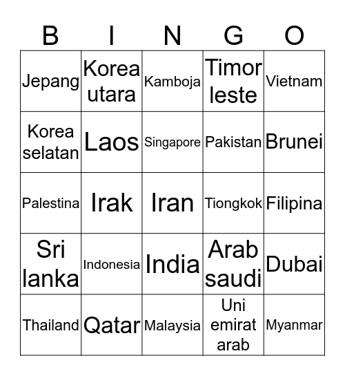 5 negara Asia Bingo Card